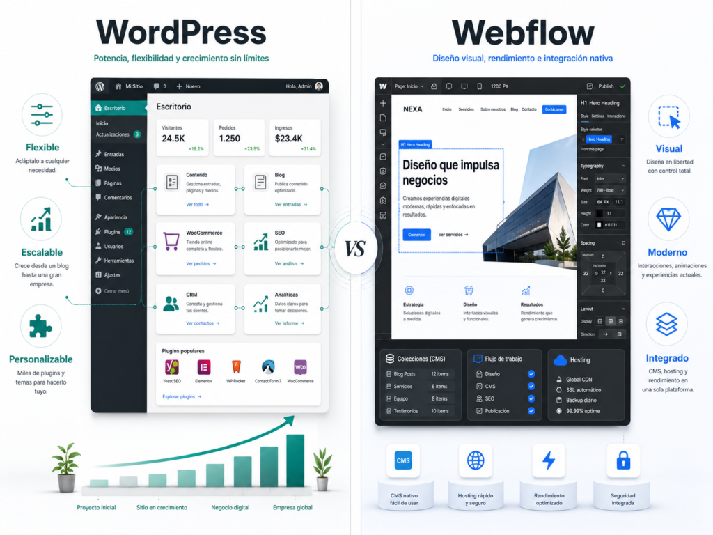 7 claves poderosas de WordPress vs Webflow para crear tu página web 1 Wordpress Vs Webflow